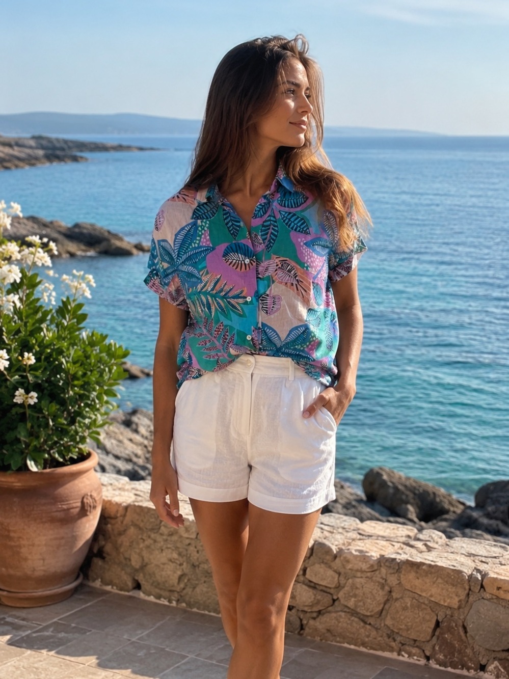 Cynthia Rowley Cotton Collorful Tropical Shirt